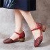 SOCOFY Retro Leather Embossed Floral Buckle Ankle Strap Block Heel D’orsay Pumps