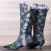 Socofy Women Vintage Leather Patchwork Plush Lace Floral Print Thin Heel High Boots