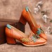 SOCOFY Retro Splicing Floral Leather Slip On Block Heel Pumps Dress Shoes