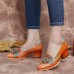 SOCOFY Retro Splicing Floral Leather Slip On Block Heel Pumps Dress Shoes