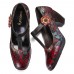 SOCOFY Retro Florals Embroidery Flowers Leather Low Heel T  strap Hook Loop Pumps