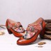 SOCOFY Vintage Genuine Leather Printed Splicing Buckle Strap Chunky Heel Pumps