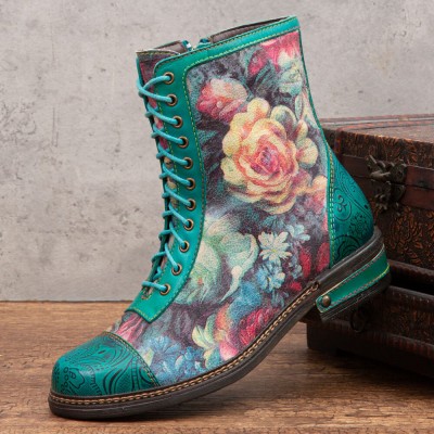 SOCOFY Women Retro Floral Print Genuine Leather Embossing Lace Up Stitching Ankle Boots