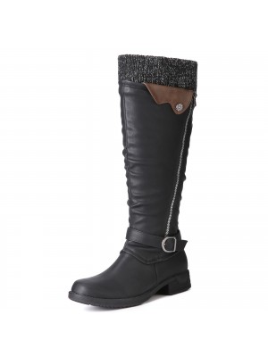 Women’s Winter Warm Wool Leather Cuffed Boots Solid Color Buckle Size  zip Knee High Boots