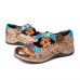 SOCOFY Retro Floral Genuine Leather Splicing Cross Strap Flowers Hook Loop Flat Shoes