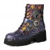 Socofy Women Retro Ethnic Style Rub Color Side  zip Embroidery Leather Mid  tube Boots