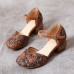 SOCOFY Retro Leather Embossed Floral Buckle Ankle Strap Block Heel D’orsay Pumps