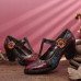 SOCOFY Retro Florals Embroidery Flowers Leather Low Heel T  strap Hook Loop Pumps