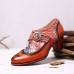 SOCOFY Vintage Genuine Leather Printed Splicing Buckle Strap Chunky Heel Pumps