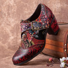  Women Retro Floral Printing Leather Soft Round Toe Sculpted Chunky Heels
