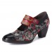 SOCOFY Retro Flower Printing Bead Buckle Strap Genuine Leather Low Heel Zipper Pumps