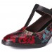 SOCOFY Retro Florals Embroidery Flowers Leather Low Heel T  strap Hook Loop Pumps