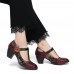 SOCOFY Retro Florals Embroidery Flowers Leather Low Heel T  strap Hook Loop Pumps