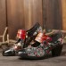 SOCOFY Retro Flower Printing Bead Buckle Strap Genuine Leather Low Heel Zipper Pumps