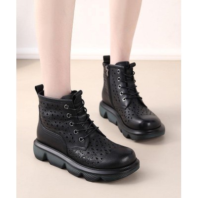 Black Cross Strap Cowhide Leather Boots Hollow Out Boots