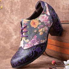  Women Retro Floral Printing Leather Splicing Soft Comfy Sculpted Chunky Heels