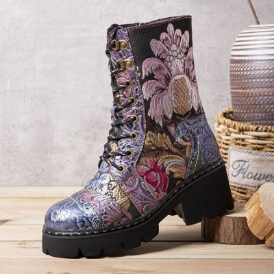 Socofy Women Genuine Leather Retro Flowers Embroidery Mid  tube Boots