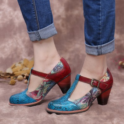 SOCOFY Retro Genuine Leather Flower Embossed Leaves T  strap Chunky Heel Pumps