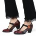 SOCOFY Retro Florals Embroidery Flowers Leather Low Heel T  strap Hook Loop Pumps