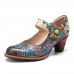 SOCOFY Retro Leather Floral Splicing Snakeskin Round Toe Chunky Heel Pumps