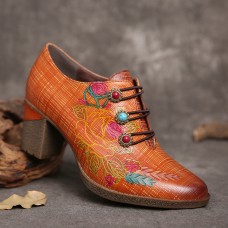 SOCOFY Leather Plaid Beaded Floral Elastic Strings Block Heel Pumps Dress Shoes