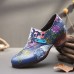 SOCOFY Retro Embossed Flowers Genuine Leather Short Heel Zipper Pumps