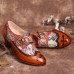 SOCOFY Vintage Genuine Leather Printed Splicing Buckle Strap Chunky Heel Pumps