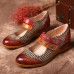 SOCOFY Retro Flowers Pattern Genuine Leather Splicing Striped Pattern Hook Loop Pumps