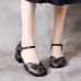 SOCOFY Retro Leather Embossed Floral Buckle Ankle Strap Block Heel D’orsay Pumps