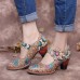 SOCOFY Retro Leather Floral Splicing Snakeskin Round Toe Chunky Heel Pumps