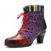 Socofy Genuine Leather Splicing Woolen Design Floral Colorblock Side  zip Comfy Chunky Heel Short Boots