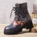 Socofy Women Retro Ethnic Style Slip Resistant Flowers Pattern Leather Mid  tube Boots