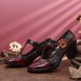 SOCOFY Retro Florals Embroidery Flowers Leather Low Heel T  strap Hook Loop Pumps