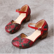 SOCOFY Retro Leather Embossed Floral Buckle Ankle Strap Block Heel D’orsay Pumps