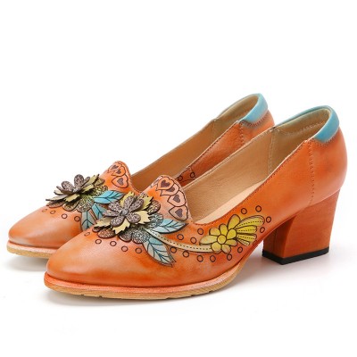 SOCOFY Retro Splicing Floral Leather Slip On Block Heel Pumps Dress Shoes