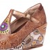 SOCOFY Retro Folkways Pattern Genuine Leather T Strap Adjustable Band Wedges Shoes