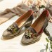 SOCOFY Retro Splicing Floral Leather Slip On Block Heel Pumps Dress Shoes