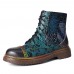 SOCOFY Women Retro Floral Print Genuine Leather Embossing Lace Up Ankle Boots