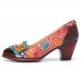 SOCOFY Vintage Butterfly Embossed Floral Leather Splicing Stitching Slip  on Chunky Heel Pumps