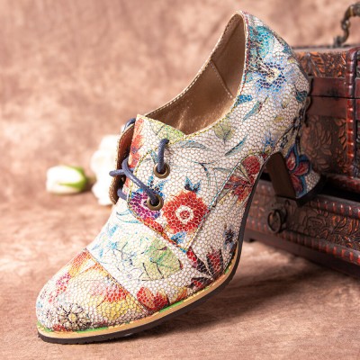 SOCOFY Fresh Natural Flowers Leaves Printed Comfy Wearable Chunky Heel Women Casual Lace Up Pumps