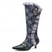 Socofy Women Vintage Leather Patchwork Plush Lace Floral Print Thin Heel High Boots