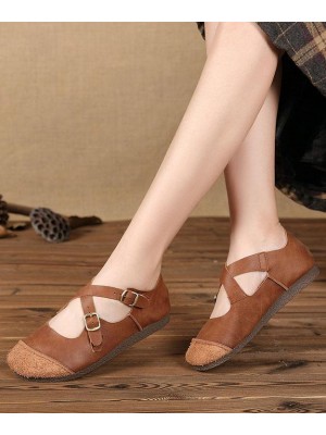 Splicing Brown Flat Feet Shoes Buckle Strap Flats