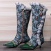 Socofy Women Vintage Leather Patchwork Plush Lace Floral Print Thin Heel High Boots