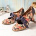 SOCOFY Women Elegant Graceful Little Flowers Printed Comfy Wearable Lace Up Stitching Chunky Heel Pumps