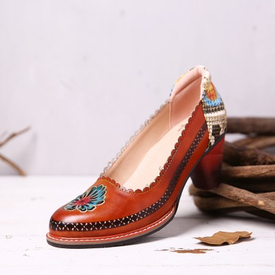 SOCOFY Retro Flower Genuine Leather Slip On Sequin heel Pumps