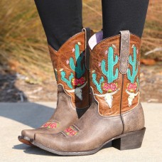 Women Floral Embroidery Square Toe Slip  on Cowboy Boots