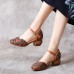 SOCOFY Retro Leather Embossed Floral Buckle Ankle Strap Block Heel D’orsay Pumps