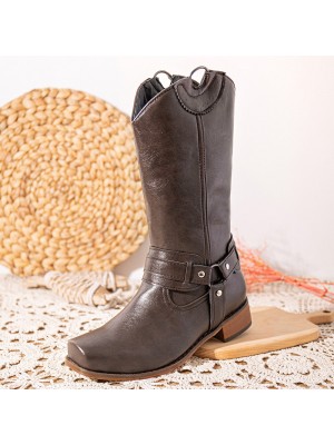 Women Retro Long Square Toe Slip  on Harness Boots