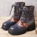 Socofy Women Retro Ethnic Style Slip Resistant Flowers Pattern Leather Mid  tube Boots