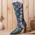 Socofy Women Vintage Leather Patchwork Plush Lace Floral Print Thin Heel High Boots